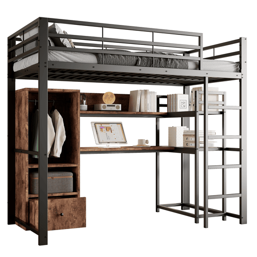 Cama alta 90x200cm - Cama metálica com LED, secretária, 1 gaveta, prateleiras, grade, escada - Preto