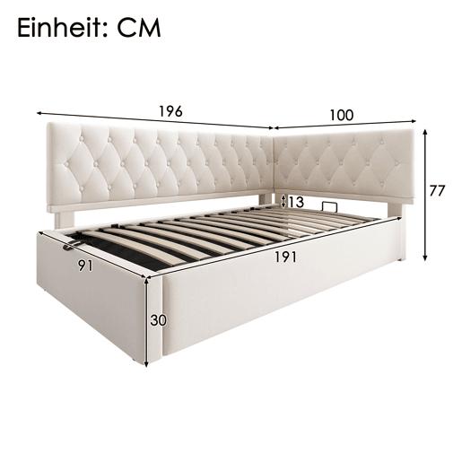 Cama de solteiro de veludo 90x190cm com armazenamento,bege