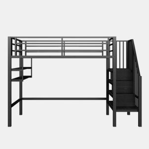 Cama alta 90x200cm - Estante, escada de arrumação, espaço livre para vestir-se, corrimão - Preto