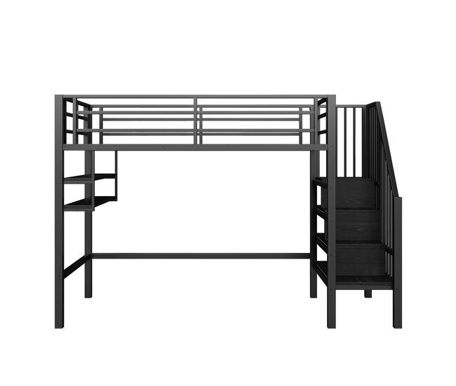 Cama alta 90x200cm - estantería, escalera de almacenamiento, espacio libre para vestirse, barandilla - negro