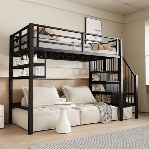 Cama alta 90x200cm - Estante, escada de arrumação, espaço livre para vestir-se, corrimão - Preto