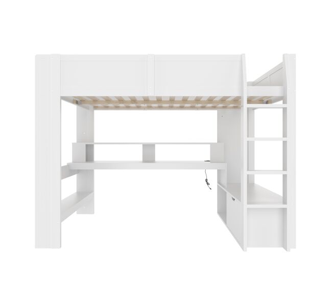 Cama alta 140x200 cm - cama gaming con escritorio, led, cajón, estantes, sin colchón - blanco