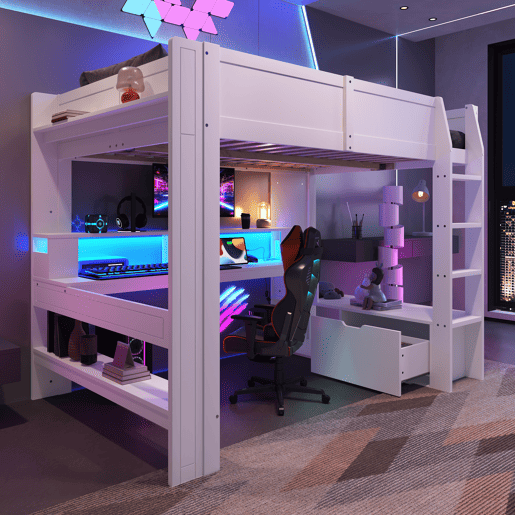 Cama alta 140x200 cm - Cama gaming com secretária, LED, gaveta, prateleiras, sem colchão - Branco
