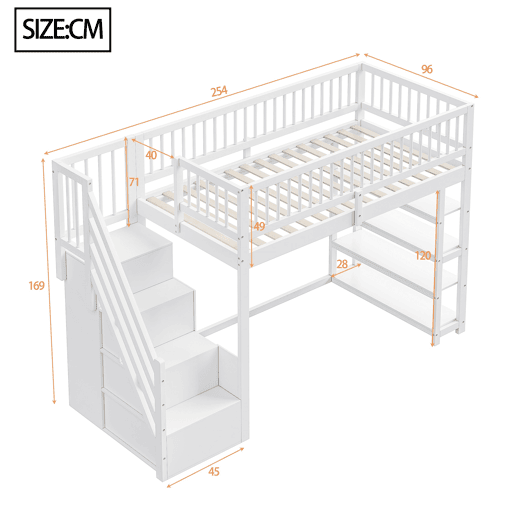 Cama alta em madeira maciça 90x200 cm - design seguro com grades altas, armário, prateleiras e espaço de arrumação com escada segura - branco