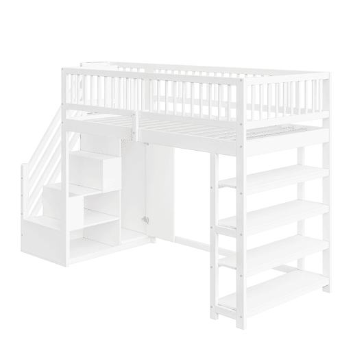Cama alta em madeira maciça 90x200 cm - design seguro com grades altas, armário, prateleiras e espaço de arrumação com escada segura - branco
