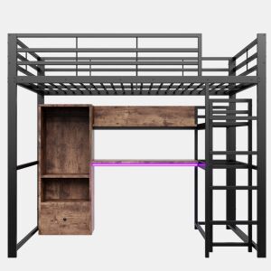 altura 140x200cm - Cama de metal com LED, secretária, 1 gaveta, prateleiras, grade, escada, sem colchão - Preto