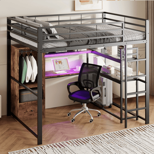 altura 140x200cm - Cama de metal com LED, secretária, 1 gaveta, prateleiras, grade, escada, sem colchão - Preto