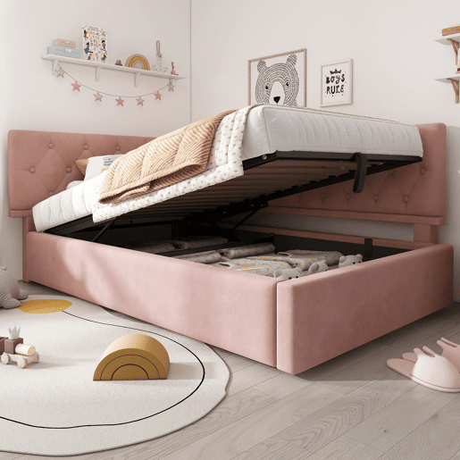 Cama de solteiro de veludo 90x190cm com armazenamento,rosa