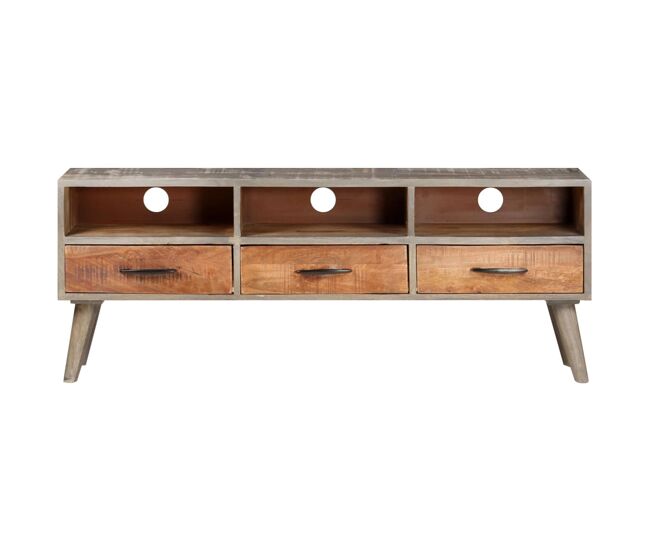 Mueble tv - mesa de tv madera maciza de mango rugosa gris 130x35x51 cm