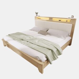 Cama de casal de madeira maciça 160x200cm com luz led,bege