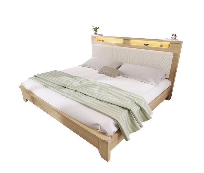 Cama de matrimonio de madera maciza 160x200cm con luz led,beige