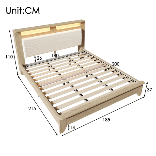 Cama de casal de madeira maciça 180x200cm com luz led,bege