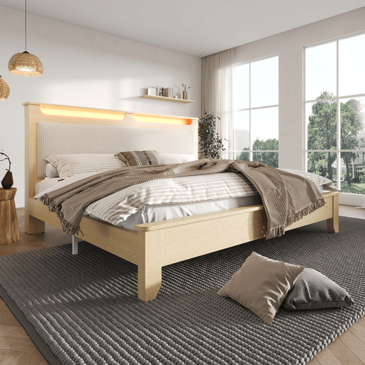 Cama de casal de madeira maciça 180x200cm com luz led,bege