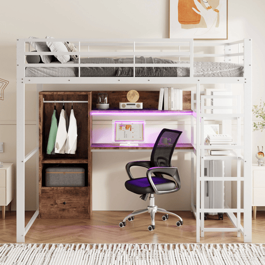 Cama alta 140x200cm - Cama metálica com LED, secretária, 1 gaveta, prateleiras, grade, escada, sem colchão - Branco
