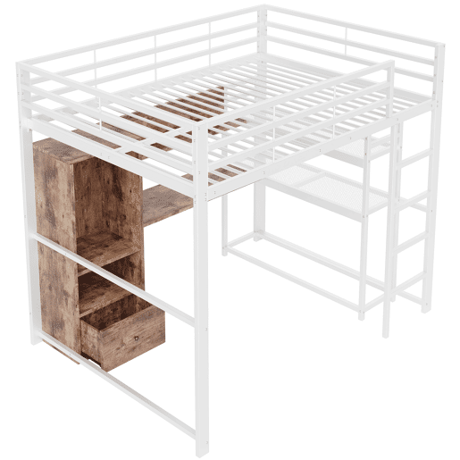 Cama alta 140x200cm - Cama metálica com LED, secretária, 1 gaveta, prateleiras, grade, escada, sem colchão - Branco