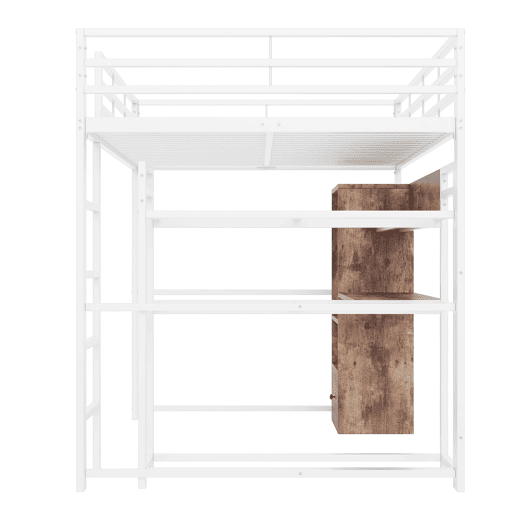 Cama alta 140x200cm - Cama metálica com LED, secretária, 1 gaveta, prateleiras, grade, escada, sem colchão - Branco
