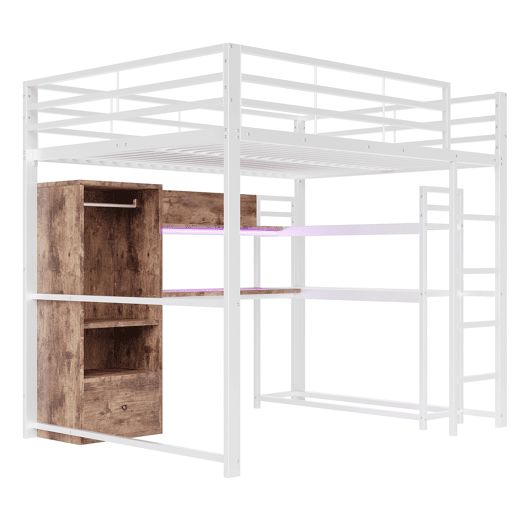 Cama alta 140x200cm - Cama metálica com LED, secretária, 1 gaveta, prateleiras, grade, escada, sem colchão - Branco
