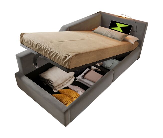 Cama individual de terciopelo 90x200cm con almacenaje,gris