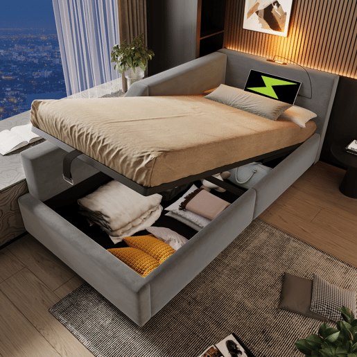 Cama de solteiro de veludo 90x200cm com armazenamento,cinzento