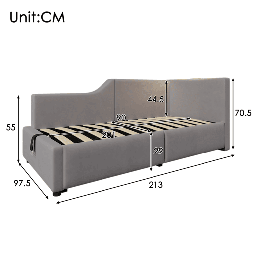 Cama de solteiro de veludo 90x200cm com armazenamento,cinzento