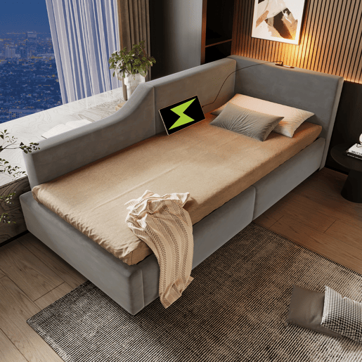 Cama de solteiro de veludo 90x200cm com armazenamento,cinzento