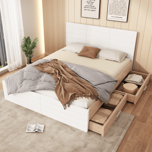 Cama de casal de madeira maciça 140x200cm com 2 gavetas,branco+carvalho
