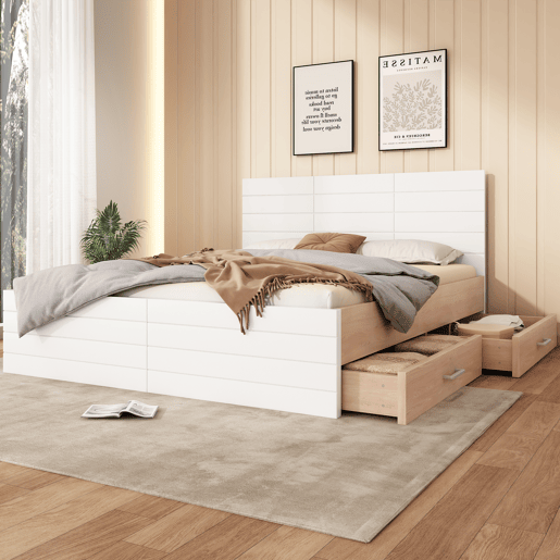 Cama de casal de madeira maciça 140x200cm com 2 gavetas,branco+carvalho