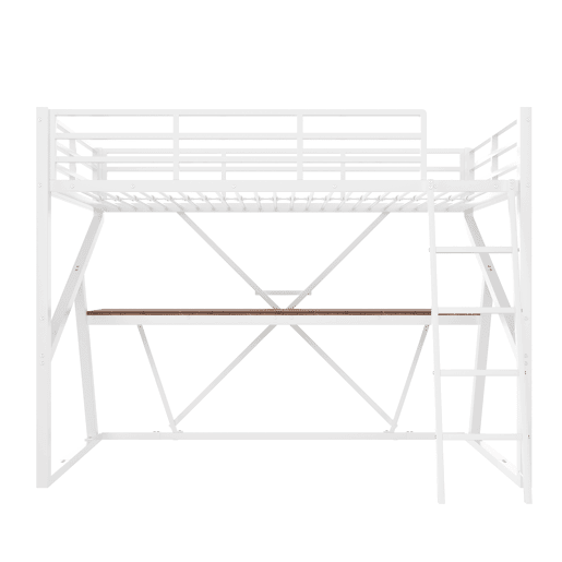Cama alta 90x200cm - Estrutura em ferro, LED, corrimão, escada, secretária - Branco