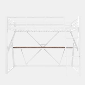 Cama alta 90x200cm - Estrutura em ferro, LED, corrimão, escada, secretária - Branco