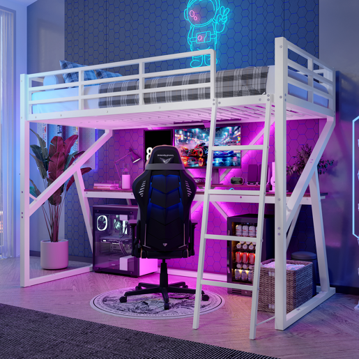 Cama alta 90x200cm - Estrutura em ferro, LED, corrimão, escada, secretária - Branco