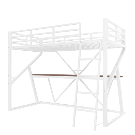 Cama alta 90x200cm - Estrutura em ferro, LED, corrimão, escada, secretária - Branco