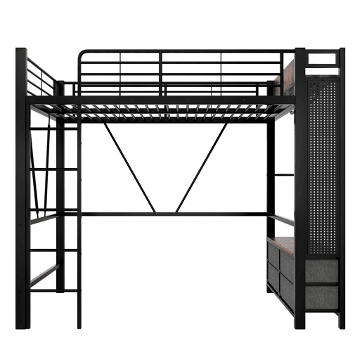 Cama alta 90x200 cm - estrutura em ferro, barra para secar roupa, prateleiras, 4 gavetas, USB+Type-C, LED, grade de proteção, escada, painel perfurado - preto