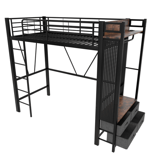 Cama alta 90x200 cm - estrutura em ferro, barra para secar roupa, prateleiras, 4 gavetas, USB+Type-C, LED, grade de proteção, escada, painel perfurado - preto