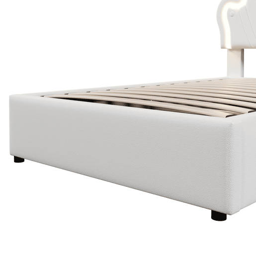 Cama estofada 90x200 cm - sem colchão, luz LED, mecanismo hidráulico, cama princesa em forma de coroa, cabeceira ajustável, PU - branco
