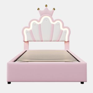 Cama estofada 90x200 cm - sem colchão, luz LED, mecanismo hidráulico, cama princesa em forma de coroa, cabeceira ajustável, PU - rosa