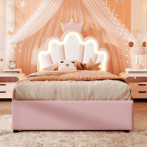 Cama estofada 90x200 cm - sem colchão, luz LED, mecanismo hidráulico, cama princesa em forma de coroa, cabeceira ajustável, PU - rosa
