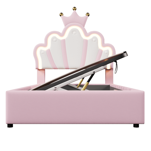 Cama estofada 90x200 cm - sem colchão, luz LED, mecanismo hidráulico, cama princesa em forma de coroa, cabeceira ajustável, PU - rosa