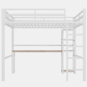 Cama alta 140x200cm - Estrutura em metal, várias prateleiras, secretária com tomada e USB tipo C, grade de proteção, escada - Branco