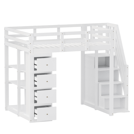 Cama alta 140 x 200 cm - madeira maciça multifuncional com gavetas, cómoda com prateleiras e escada segura - branco