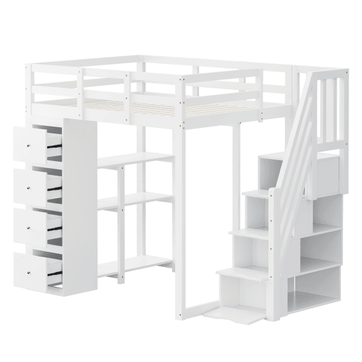 Cama alta 140 x 200 cm - madeira maciça multifuncional com gavetas, cómoda com prateleiras e escada segura - branco