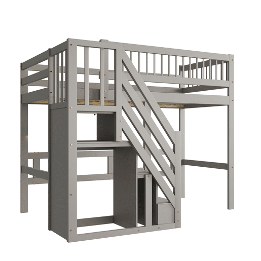 Cama alta em madeira maciça 90x200 - com escada e armário de arrumação, cama individual para crianças e jovens - cinzenta