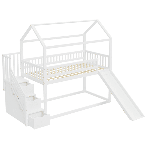 Cama alta infantil 90x200 cm - com escorregador, escada com arrumação, estrutura em madeira maciça, corrimão alto - branco