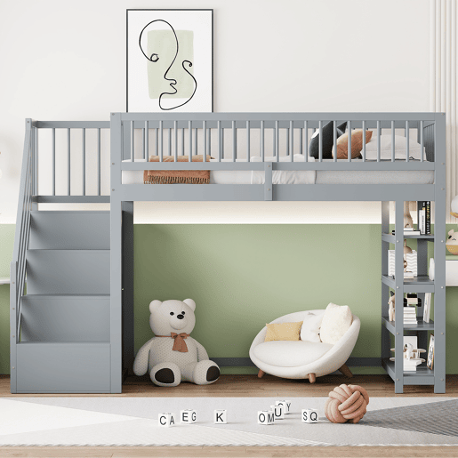Cama alta em madeira maciça 90x200 cm - design de segurança com grade alta, armário, prateleiras e espaço de armazenamento com escada segura - cinza