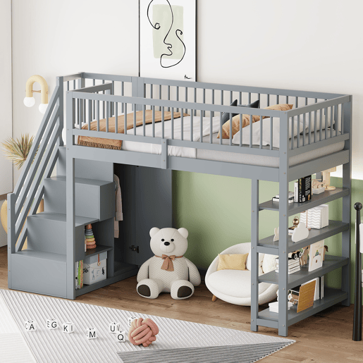 Cama alta em madeira maciça 90x200 cm - design de segurança com grade alta, armário, prateleiras e espaço de armazenamento com escada segura - cinza