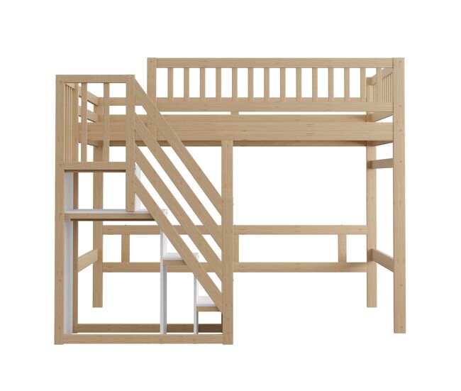 Cama alta de madera maciza 140x200 - con escalera, armario de almacenamiento y barandilla alta, cama para niños y jóvenes - color natural