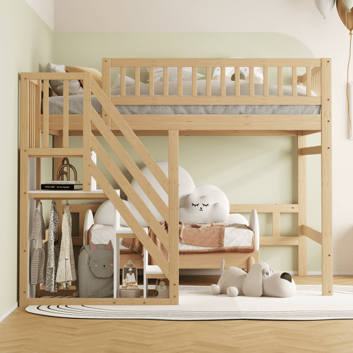 Cama alta em madeira maciça 140x200 - com escada, armário de arrumação e grade alta, cama para crianças e jovens - cor natural