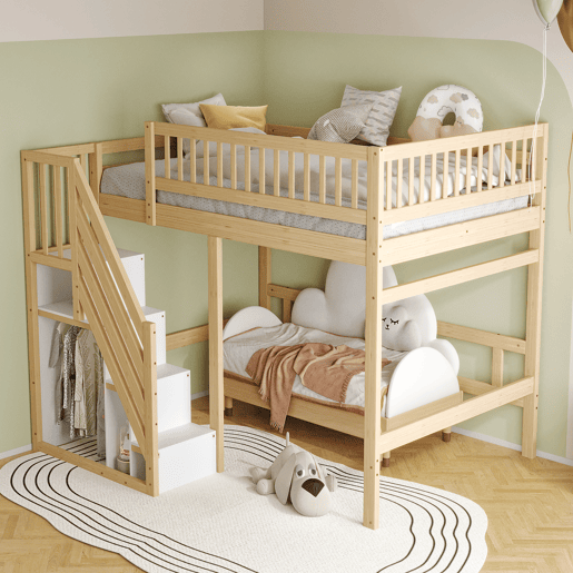 Cama alta em madeira maciça 140x200 - com escada, armário de arrumação e grade alta, cama para crianças e jovens - cor natural