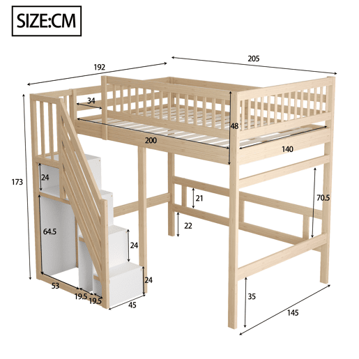 Cama alta em madeira maciça 140x200 - com escada, armário de arrumação e grade alta, cama para crianças e jovens - cor natural