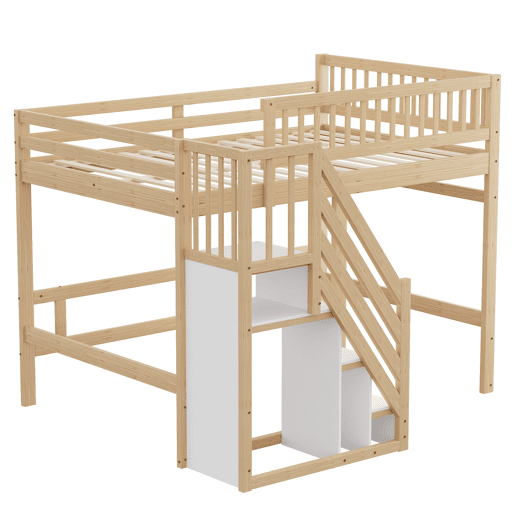 Cama alta em madeira maciça 140x200 - com escada, armário de arrumação e grade alta, cama para crianças e jovens - cor natural