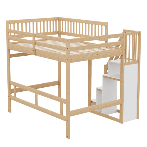 Cama alta em madeira maciça 140x200 - com escada, armário de arrumação e grade alta, cama para crianças e jovens - cor natural